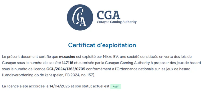 NV Casino certificat d’exploitation délivré par la Curaçao Gaming Authority avec licence active