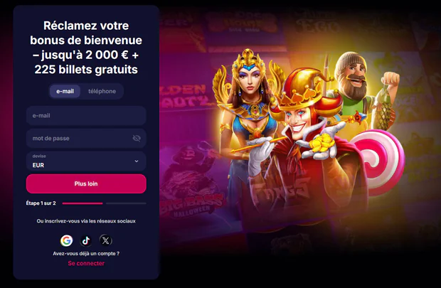 NV Casino formulaire d’inscription avec bonus de bienvenue jusqu’à 2 000 € et 225 billets gratuits, e-mail, mot de passe et options de connexion sociale